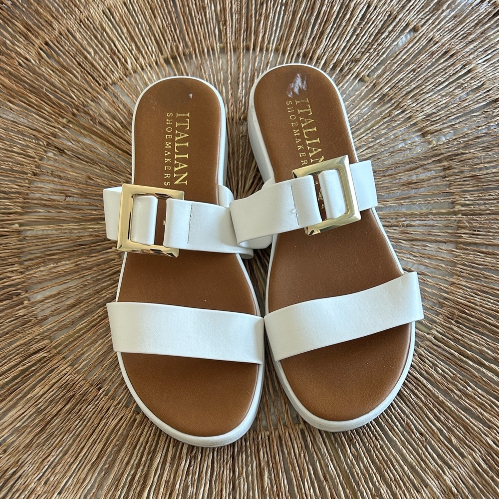 Italian Shoemakers White and Brown Slide Sandals with Gold Buckles